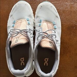 On Running Light Gray and Soft Peach Shoes